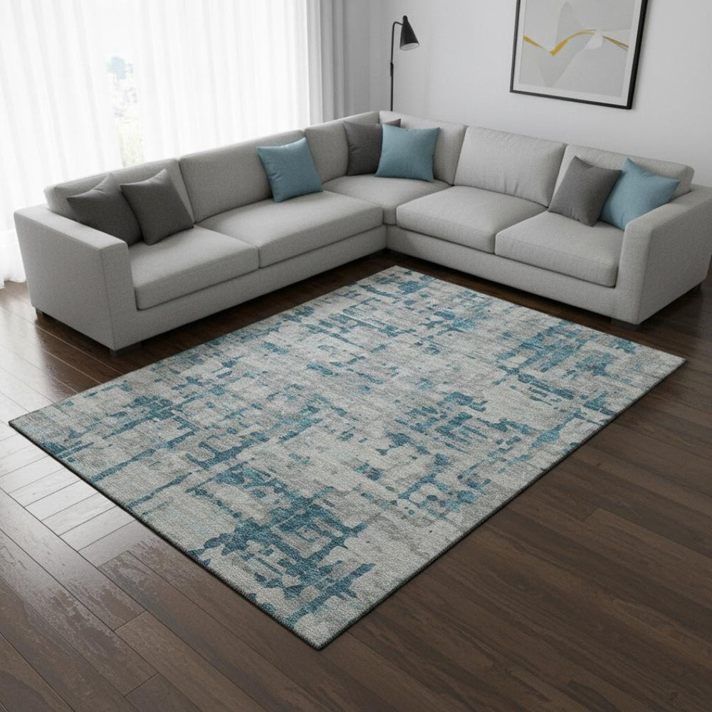 HomeRoots 9' X 12' Persian Blue & Gray Abstract Area Rug - Washable, UV-Resistant for Modern Living Spaces 644058