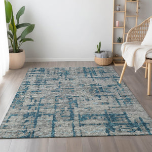 HomeRoots 10' X 14' Persian Blue & Gray Abstract Area Rug - Washable, UV-Protected, Durable for Busy Homes 644059