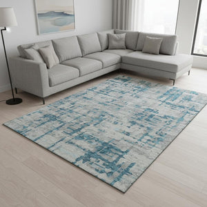 HomeRoots 10' X 14' Persian Blue & Gray Abstract Area Rug - Washable, UV-Protected, Durable for Busy Homes 644059