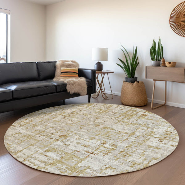 HomeRoots 8' Camel and Ivory Abstract Washable Round Rug – Durable, Stylish, UV-Protected for Everyday Living 644062