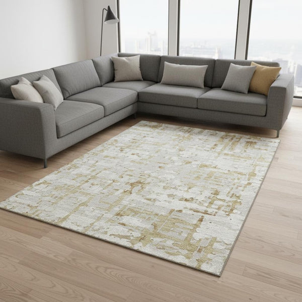 HomeRoots 9' X 12' Modern Camel and Ivory Abstract Washable Area Rug with UV Protection for Busy Homes 644064