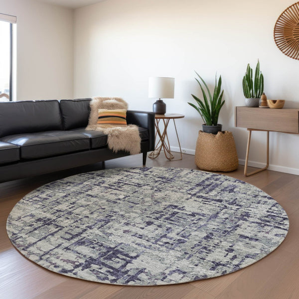 HomeRoots 8' Purple and Gray Abstract Washable Round Rug with UV Protection for Modern Homes and Patios 644074