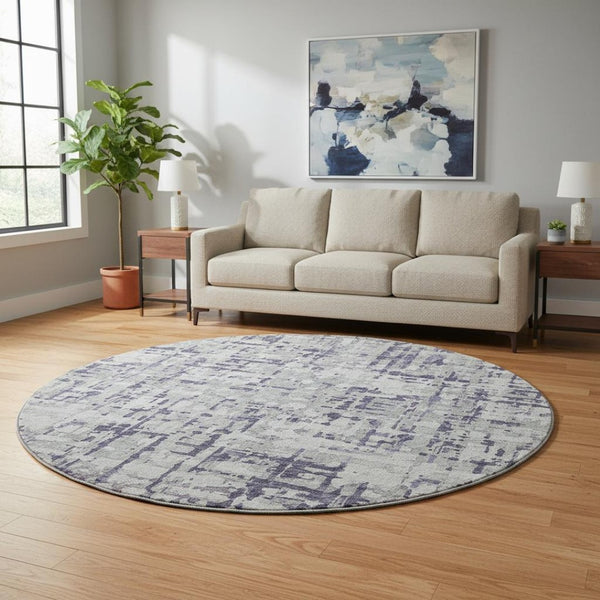 HomeRoots 8' Purple and Gray Abstract Washable Round Rug with UV Protection for Modern Homes and Patios 644074