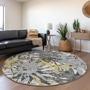 HomeRoots 8' Gold Gray Charcoal Abstract Washable Round Rug - UV Protected, Soft, Durable & Stylish Home Accent 644092