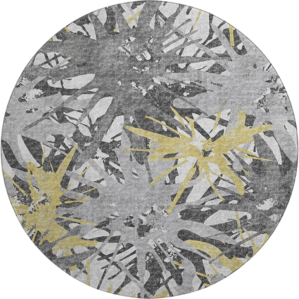 HomeRoots 8' Gold Gray Charcoal Abstract Washable Round Rug - UV Protected, Soft, Durable & Stylish Home Accent 644092