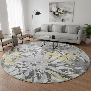 HomeRoots 8' Gold Gray Charcoal Abstract Washable Round Rug - UV Protected, Soft, Durable & Stylish Home Accent 644092