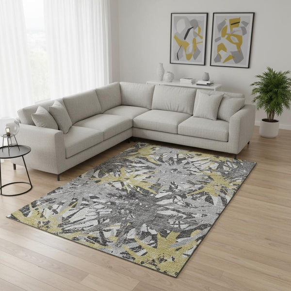 HomeRoots 8' X 10' Gold Gray Charcoal Abstract Area Rug - Stylish Washable, UV Protected, Pet-Friendly Design! 644093