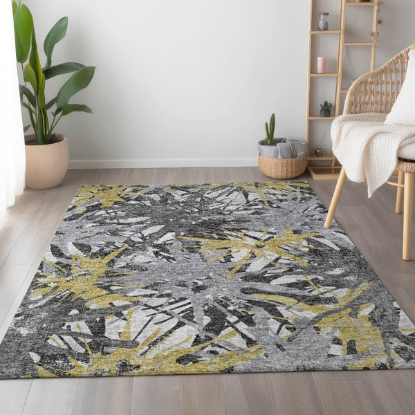HomeRoots 9' Modern Gold, Gray & Charcoal Abstract Washable Area Rug – Durable, UV Protected & Easy Care! 644094