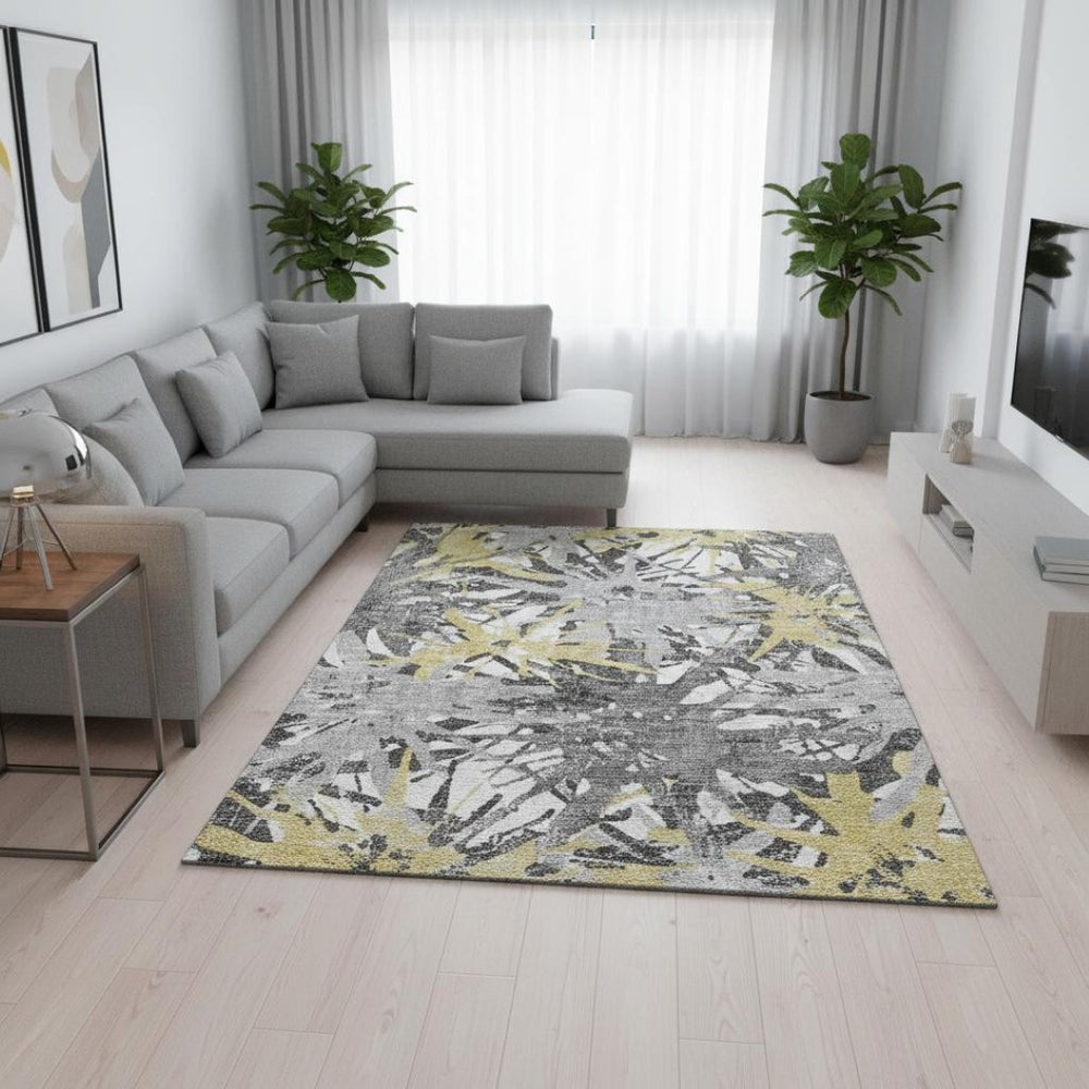 HomeRoots 9' Modern Gold, Gray & Charcoal Abstract Washable Area Rug – Durable, UV Protected & Easy Care! 644094