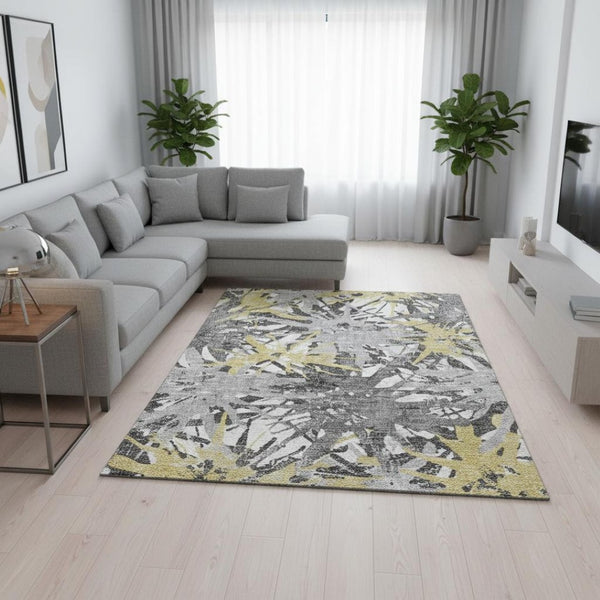 HomeRoots 9' Modern Gold, Gray & Charcoal Abstract Washable Area Rug – Durable, UV Protected & Easy Care! 644094