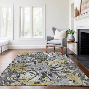 HomeRoots 9' Modern Gold, Gray & Charcoal Abstract Washable Area Rug – Durable, UV Protected & Easy Care! 644094