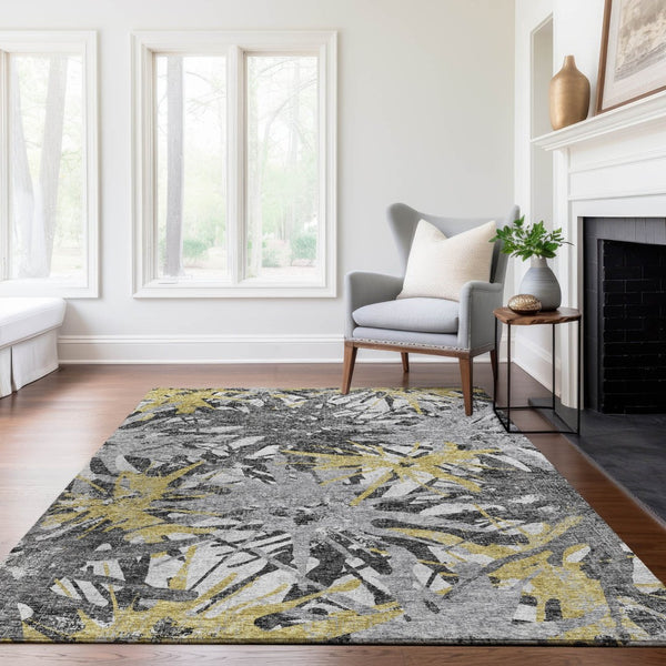 HomeRoots 9' Modern Gold, Gray & Charcoal Abstract Washable Area Rug – Durable, UV Protected & Easy Care! 644094