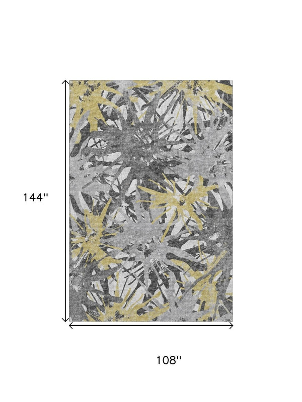 HomeRoots 9' Modern Gold, Gray & Charcoal Abstract Washable Area Rug – Durable, UV Protected & Easy Care! 644094