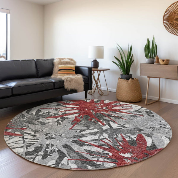 HomeRoots 8' Red Charcoal and Gray Abstract Round Rug - Durable, Stain-Resistant, UV Protected for Home Use 644098
