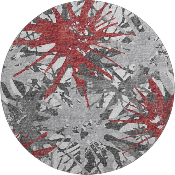 HomeRoots 8' Red Charcoal and Gray Abstract Round Rug - Durable, Stain-Resistant, UV Protected for Home Use 644098