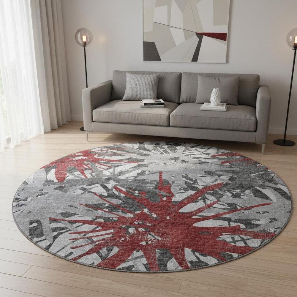 HomeRoots 8' Red Charcoal and Gray Abstract Round Rug - Durable, Stain-Resistant, UV Protected for Home Use 644098