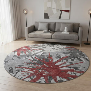 HomeRoots 8' Red Charcoal and Gray Abstract Round Rug - Durable, Stain-Resistant, UV Protected for Home Use 644098