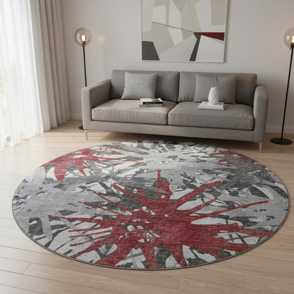 HomeRoots 8' Red Charcoal and Gray Abstract Round Rug - Durable, Stain-Resistant, UV Protected for Home Use 644098