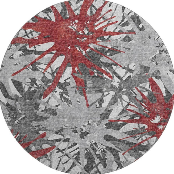 HomeRoots 8' Red Charcoal and Gray Abstract Round Rug - Durable, Stain-Resistant, UV Protected for Home Use 644098