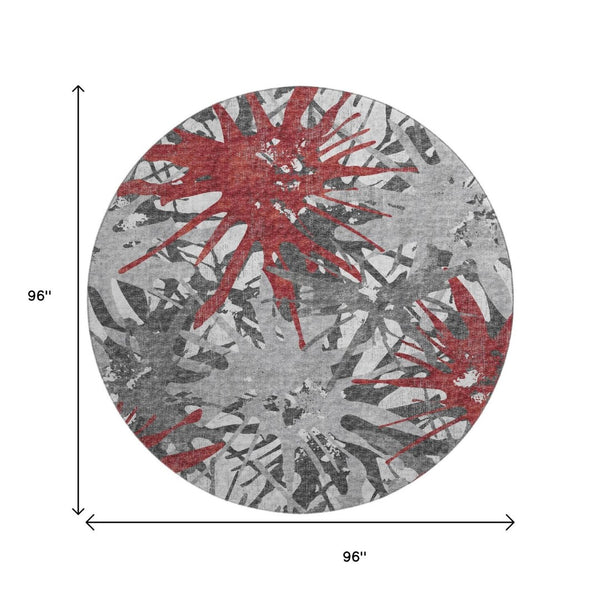 HomeRoots 8' Red Charcoal and Gray Abstract Round Rug - Durable, Stain-Resistant, UV Protected for Home Use 644098