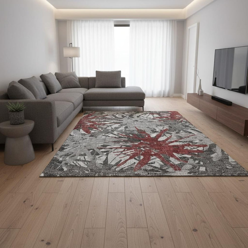 HomeRoots 8' X 10' Modern Red, Charcoal & Gray Abstract Washable Area Rug with UV Protection for Durability 644099