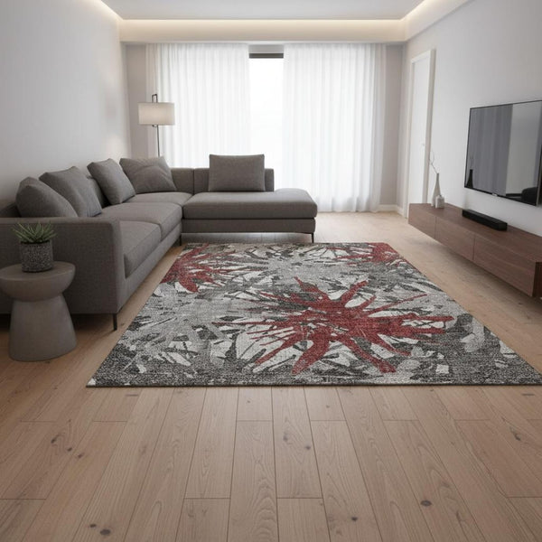 HomeRoots 8' X 10' Modern Red, Charcoal & Gray Abstract Washable Area Rug with UV Protection for Durability 644099