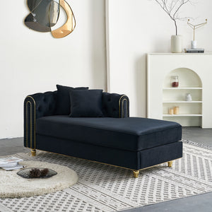 English Elm 66.9''W Velvet Chaise Lounge with Tufted Back and Gold Trim, Luxury Modern Sofa for Living Room Black W579P224635