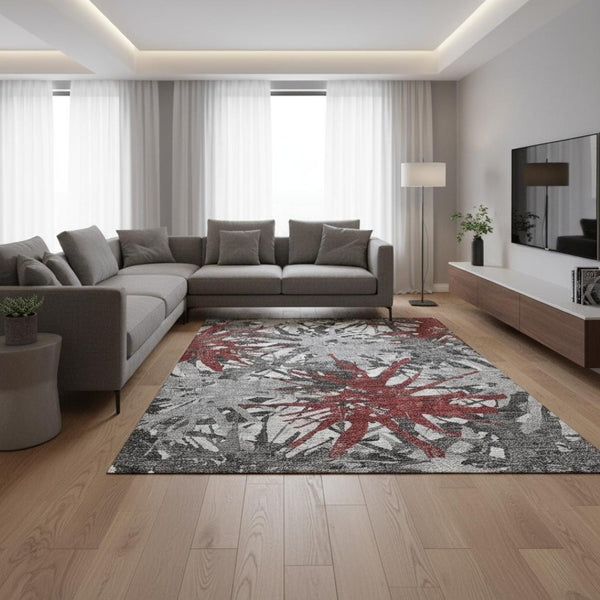 HomeRoots 9' X 12' Modern Abstract Red, Charcoal & Gray Area Rug - Washable, UV-Protected & Pet-Friendly Design 644100