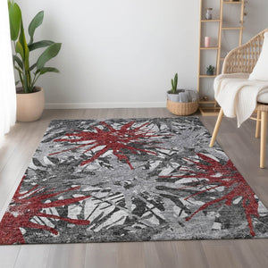 HomeRoots 10' X 14' Red Charcoal & Gray Abstract Area Rug - Washable, UV Protected, Perfect for High-Traffic Areas 644101