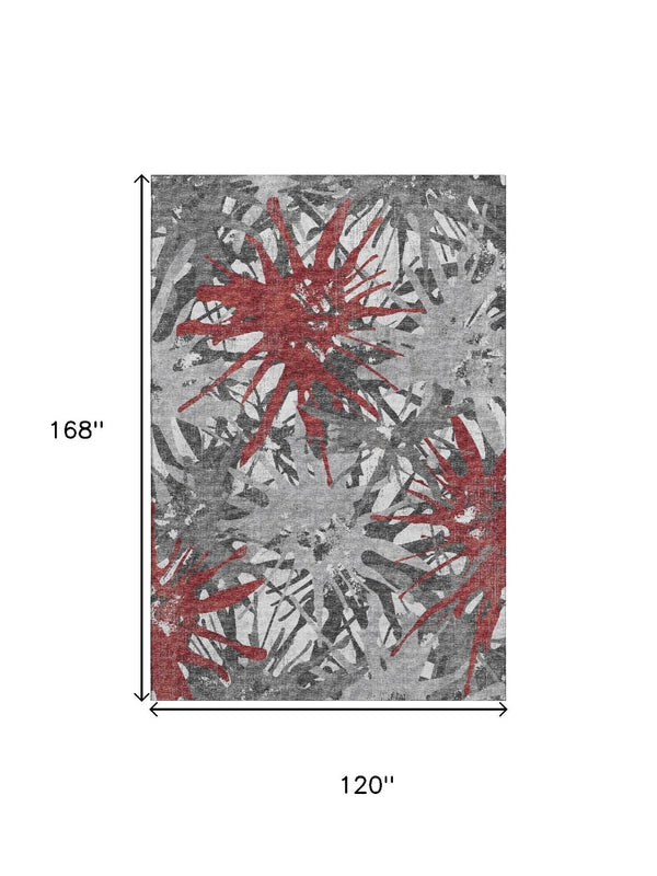 HomeRoots 10' X 14' Red Charcoal & Gray Abstract Area Rug - Washable, UV Protected, Perfect for High-Traffic Areas 644101