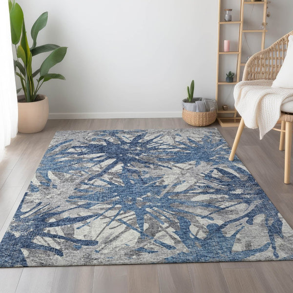 HomeRoots 5' X 8' Modern Blue Ivory Gray Abstract Area Rug - Washable, UV Protected & Stain Resistant Design 644103