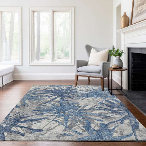 HomeRoots 5' X 8' Modern Blue Ivory Gray Abstract Area Rug - Washable, UV Protected & Stain Resistant Design 644103