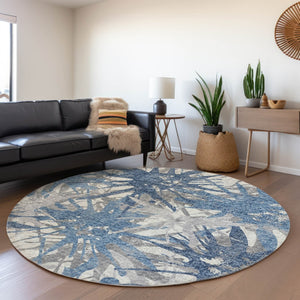 HomeRoots 8' Blue Ivory and Gray Abstract Round Rug – Washable, UV-Protected, Stylish Home Accent for Any Space 644104