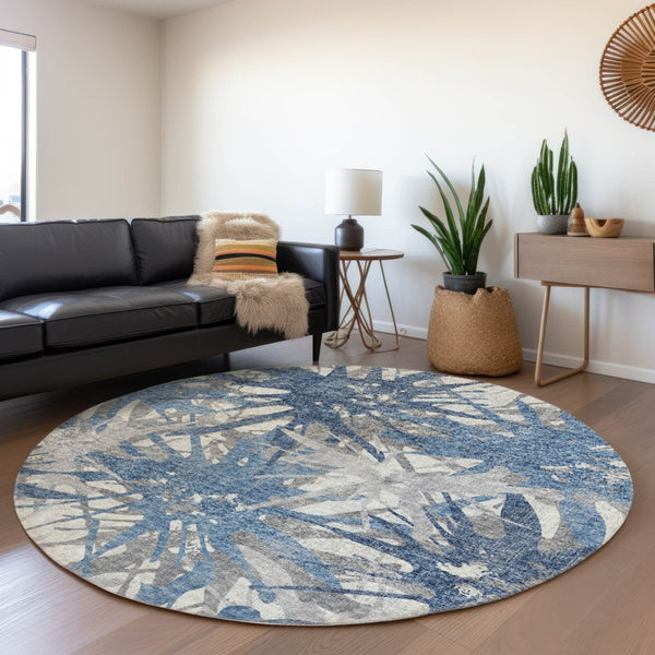 HomeRoots 8' Blue Ivory and Gray Abstract Round Rug – Washable, UV-Protected, Stylish Home Accent for Any Space 644104