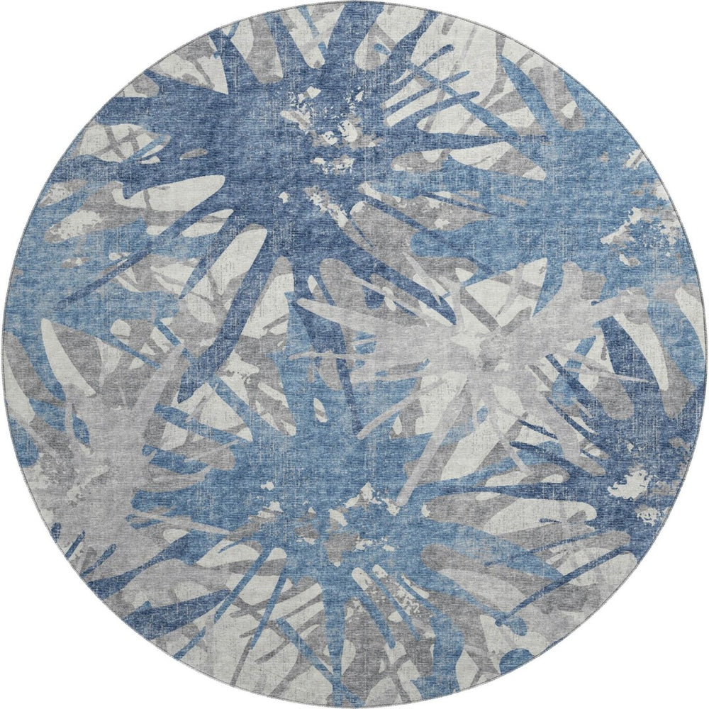HomeRoots 8' Blue Ivory and Gray Abstract Round Rug – Washable, UV-Protected, Stylish Home Accent for Any Space 644104
