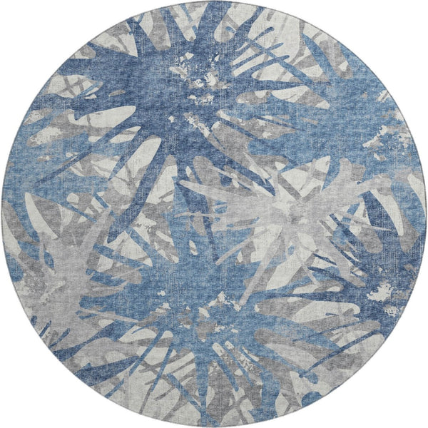 HomeRoots 8' Blue Ivory and Gray Abstract Round Rug – Washable, UV-Protected, Stylish Home Accent for Any Space 644104