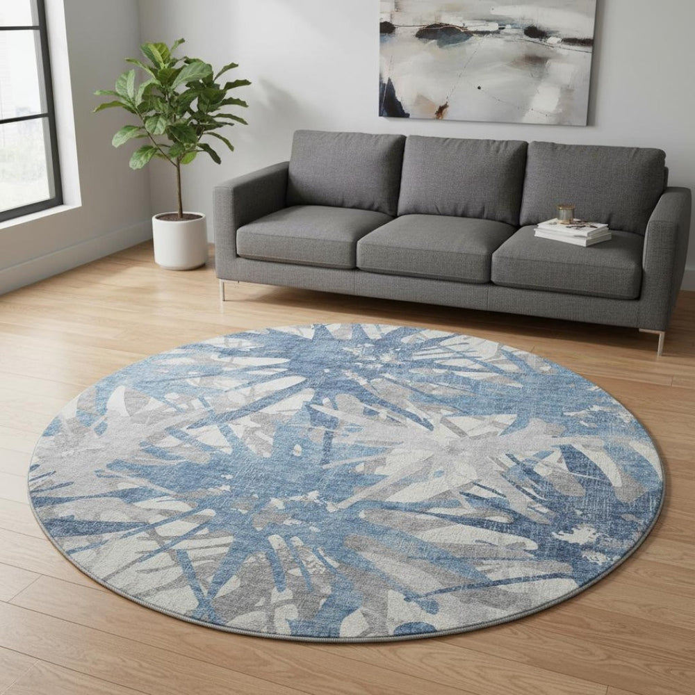 HomeRoots 8' Blue Ivory and Gray Abstract Round Rug – Washable, UV-Protected, Stylish Home Accent for Any Space 644104