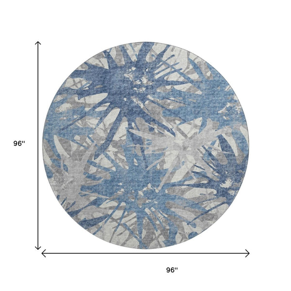 HomeRoots 8' Blue Ivory and Gray Abstract Round Rug – Washable, UV-Protected, Stylish Home Accent for Any Space 644104