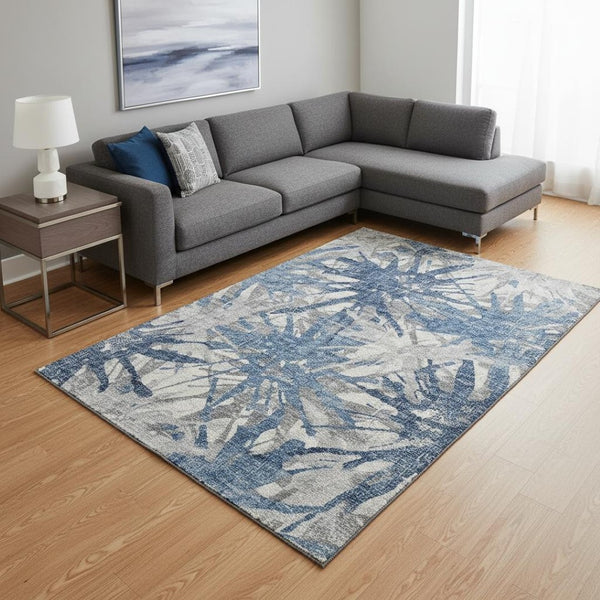 HomeRoots 8' X 10' Washable Abstract Area Rug in Blue, Ivory & Gray - UV Protected, Durable, Kid & Pet Friendly 644105
