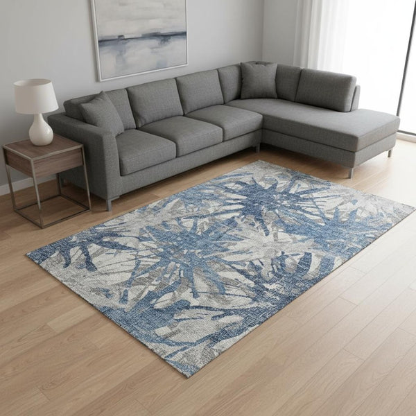 HomeRoots 9' X 12' Modern Blue Ivory Gray Abstract Washable Area Rug with UV Protection for Busy Homes 644106