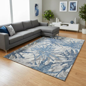HomeRoots 10' Blue, Ivory & Gray Abstract Washable Area Rug - UV Protected, Stain-Resistant, Easy Care Comfort 644107