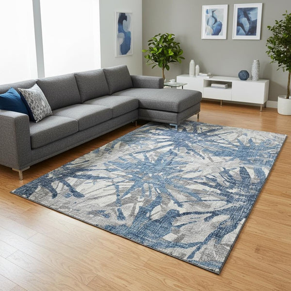 HomeRoots 10' Blue, Ivory & Gray Abstract Washable Area Rug - UV Protected, Stain-Resistant, Easy Care Comfort 644107