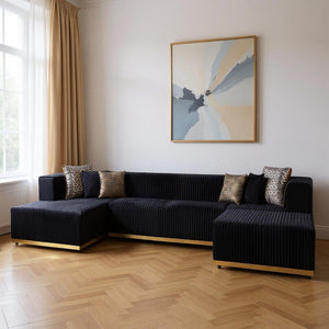 HomeRoots Black Velvet U-Shaped Modular Sectional Sofa with Toss Pillows - Elegant Comfort for Any Space 644108