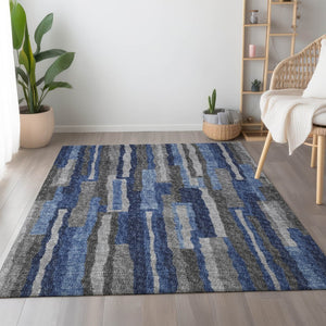 HomeRoots 5' X 8' Washable Blue Ivory Gray Abstract Area Rug - Durable, Stain Resistant, UV Protected Design 644116