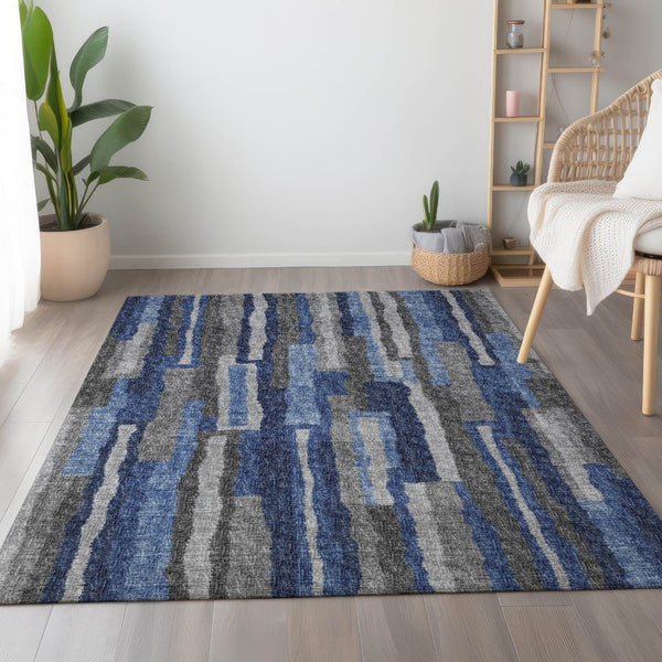 HomeRoots 5' X 8' Washable Blue Ivory Gray Abstract Area Rug - Durable, Stain Resistant, UV Protected Design 644116