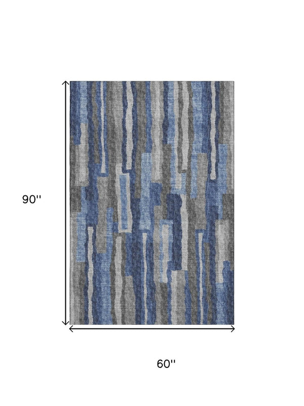 HomeRoots 5' X 8' Washable Blue Ivory Gray Abstract Area Rug - Durable, Stain Resistant, UV Protected Design 644116