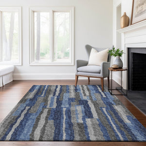 HomeRoots 5' X 8' Washable Blue Ivory Gray Abstract Area Rug - Durable, Stain Resistant, UV Protected Design 644116