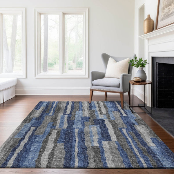 HomeRoots 5' X 8' Washable Blue Ivory Gray Abstract Area Rug - Durable, Stain Resistant, UV Protected Design 644116