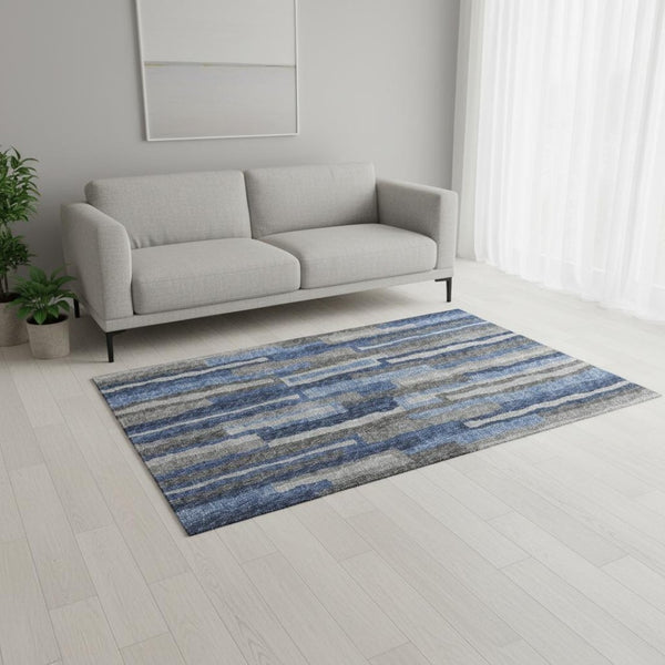 HomeRoots 5' X 8' Washable Blue Ivory Gray Abstract Area Rug - Durable, Stain Resistant, UV Protected Design 644116