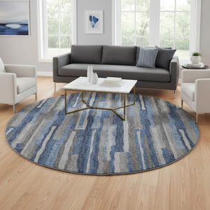 HomeRoots 8' Blue Ivory and Gray Abstract Round Rug - Washable, UV Protected, Stylish for Busy Homes & Patios 644117